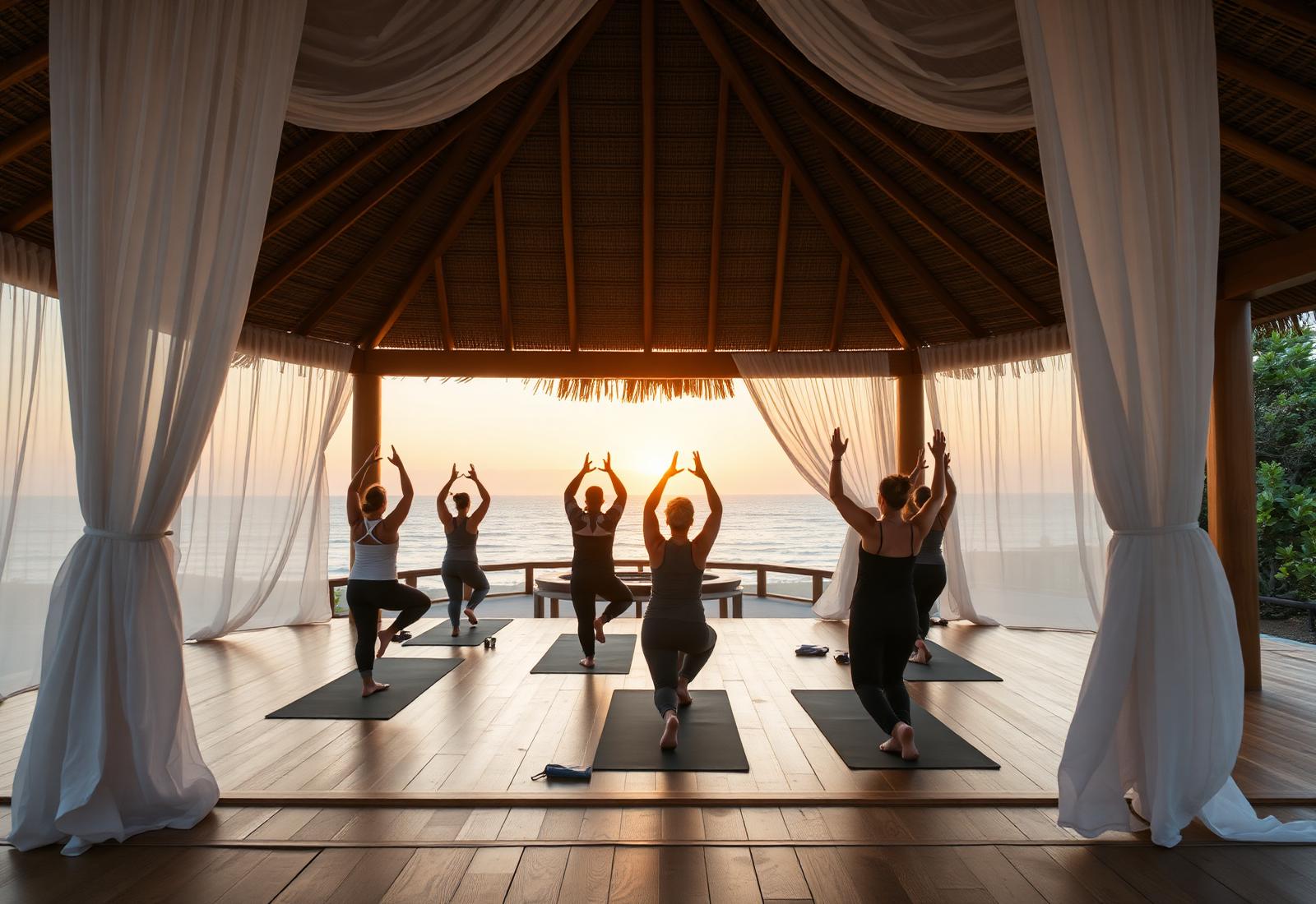 Group training under a seaside pavilion